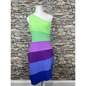 SUSANA MONACO Color Blocked One Shoulder Dress Sz L $218 Bodycon Nylon Spandex